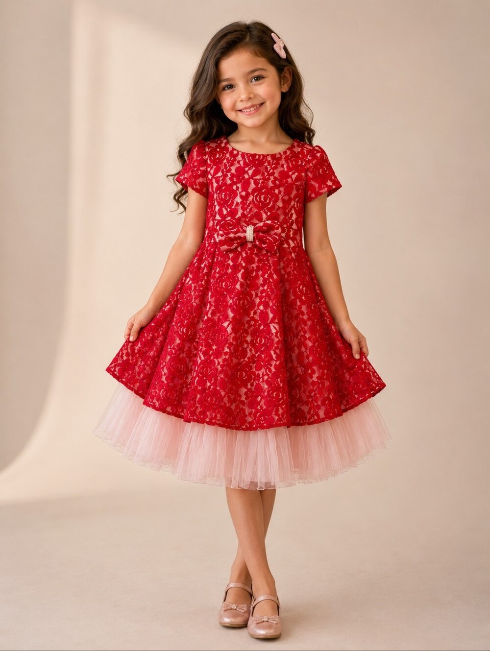 Girls Red Floral Lace Party Dress with Pink Tulle Hem Size 6 Years